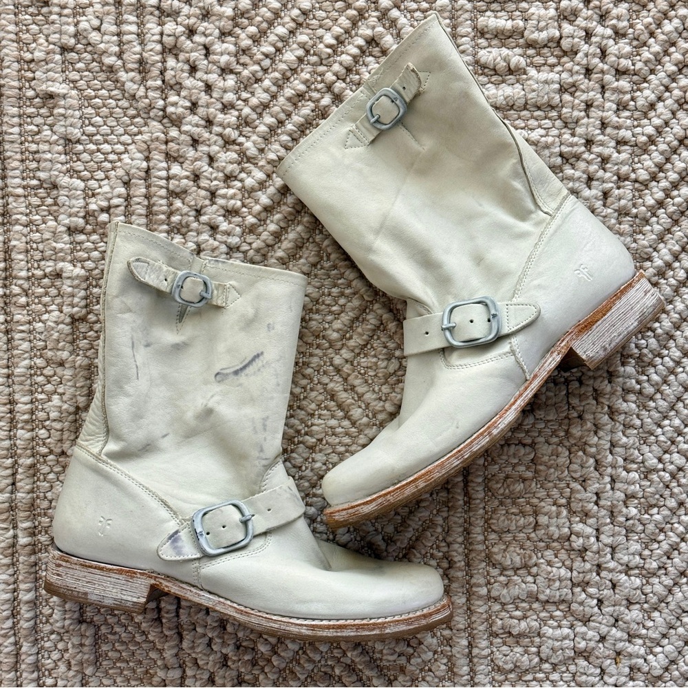 Frye x Free People Ride or Die Cream White Engineer Boots With Buckles